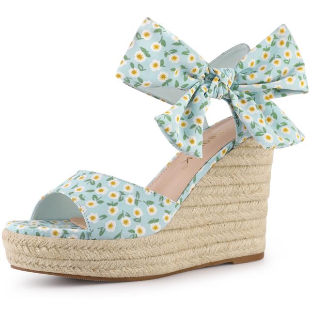 Allegra K ウェッジサンダル 花柄 プラットフォーム ウェッジヒール レディース スカイブルー 23.5 cmの通販は