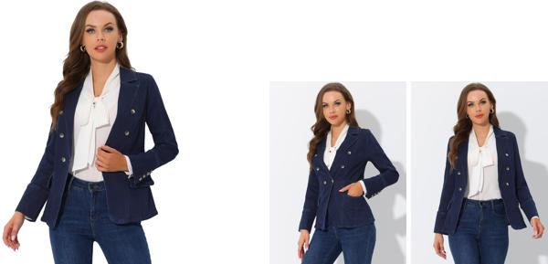 Allegra K デニム ブレザー ジャケット ジージャン Gジャン 長袖 オフィス ポケット付き レディース ブラックブルー Lの通販は