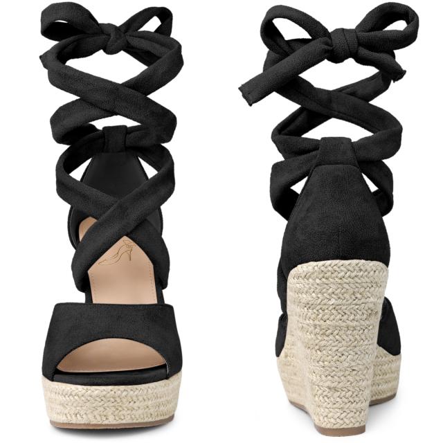 Perphy サンダル ウェッジ ヒール レースアップ エスパドリーユ レディース ブラック 25.5 cmの通販は