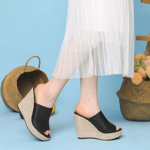 Perphy スライドサンダル ウェッジヒール オープントゥ エスパドリーユ レディース ブラック 22.0 cmの通販は 5,086円