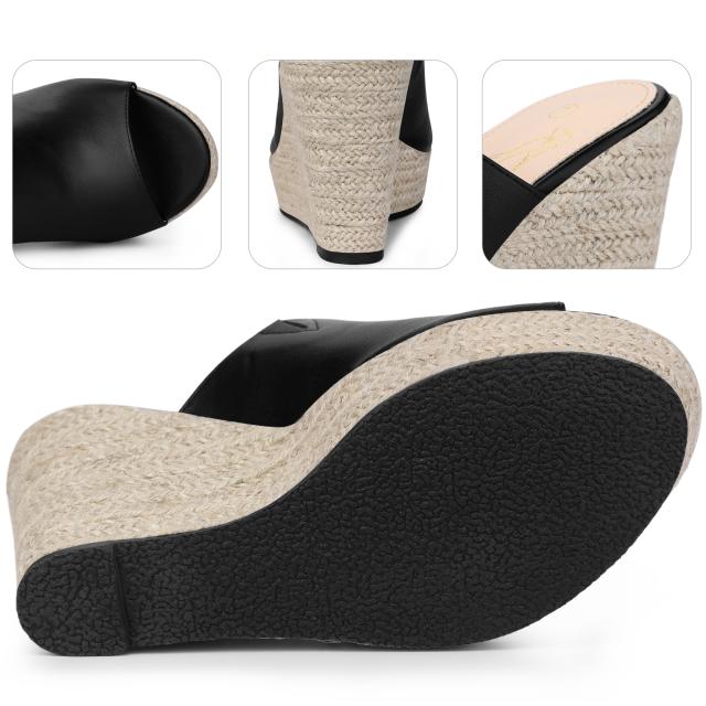 Perphy スライドサンダル ウェッジヒール オープントゥ エスパドリーユ レディース ブラック 22.0 cmの通販は