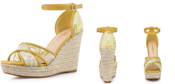 Allegra K ウェッジソール サンダル アンクルストラップ エスパドリーユ ウェッジヒール レディース イエローグリーン 25.5 cmの通販は