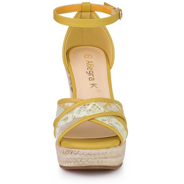 Allegra K ウェッジソール サンダル アンクルストラップ エスパドリーユ ウェッジヒール レディース イエローグリーン 25.5 cmの通販は