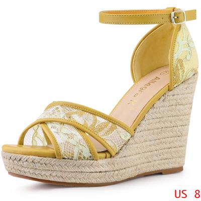 Allegra K ウェッジソール サンダル アンクルストラップ エスパドリーユ ウェッジヒール レディース イエローグリーン 25.5 cmの通販は