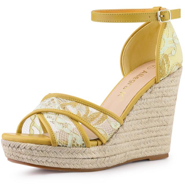 Allegra K ウェッジソール サンダル アンクルストラップ エスパドリーユ ウェッジヒール レディース イエローグリーン 25.5 cmの通販はその他サンダル