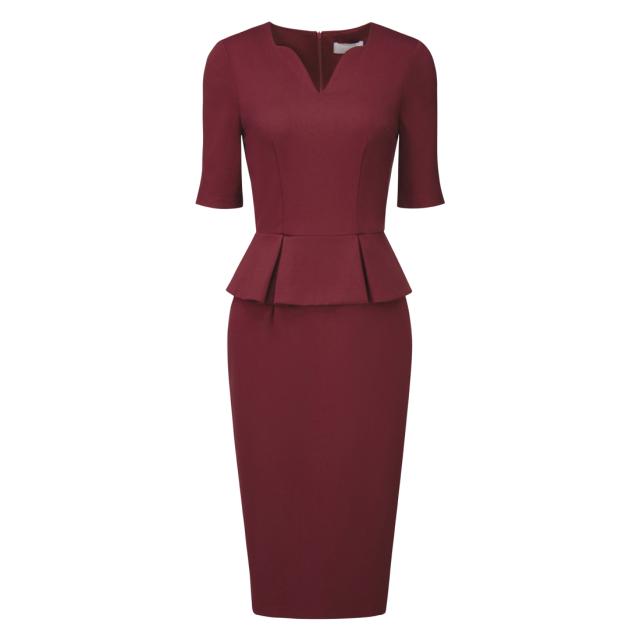 Hobemty レディース カジュアルワンピース シースドレス Vネック ワーク 半袖 ペプラム ペンシルドレス ディープレッド Sの通販は 5,412円