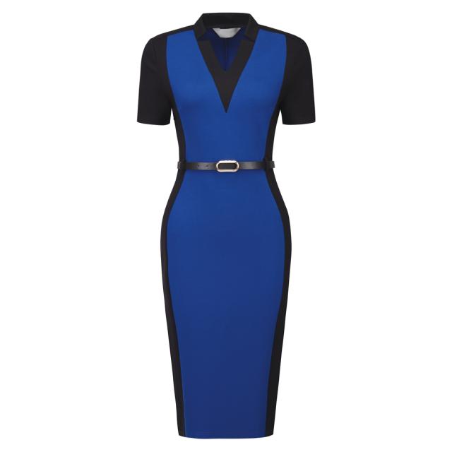 Hobemty レディース シースドレス コントラストカラー オフィス ペンシルドレス 半袖ワンピース ロイヤルブルー 2XLの通販は