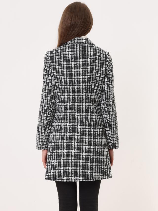 Allegra K ブレザー コート 長袖 エレガント チェック柄 ダブルブレスト ノッチドラペル ツイード レディース ブラック Mの通販は