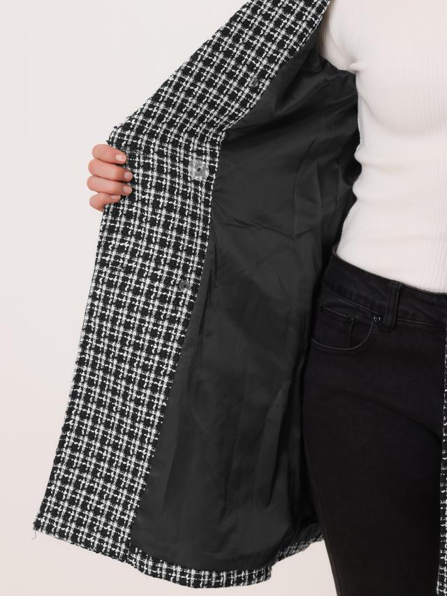 Allegra K ブレザー コート 長袖 エレガント チェック柄 ダブルブレスト ノッチドラペル ツイード レディース ブラック Mの通販は