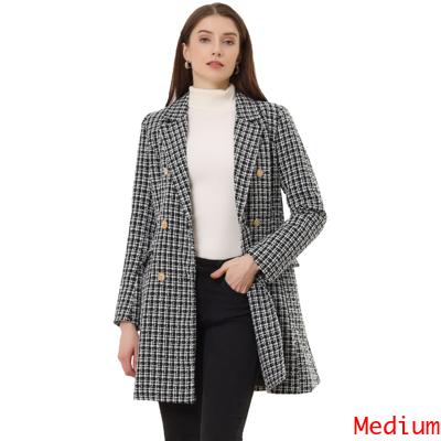 Allegra K ブレザー コート 長袖 エレガント チェック柄 ダブルブレスト ノッチドラペル ツイード レディース ブラック Mの通販は