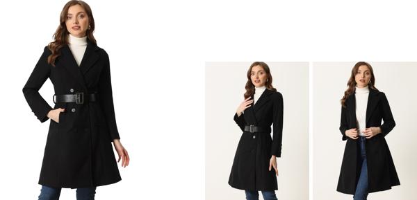 Allegra K ロングコート ジャケット ラペルカラー 冬用 ベルト付き ダブルブレスト レディース ブラック Mの通販は