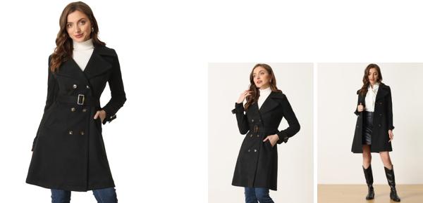 Allegra K トレンチコート オーバーコート ベルト フェイクスエード ノッチドラペル ダブルブレスト レディース ブラック XS 7,832円