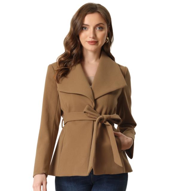 Allegra K ジャケット ショールラペルカラー ピーコート ボタン付き 冬 ベルト付き スラントポケット レディース ブラウン Sの通販は