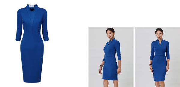 Elerevyo シースドレス ワーク ジッパーカラー Vネック ワンピース 七分袖 ペンシルドレス レディース ロイヤルブルー Mの通販は 4,851円