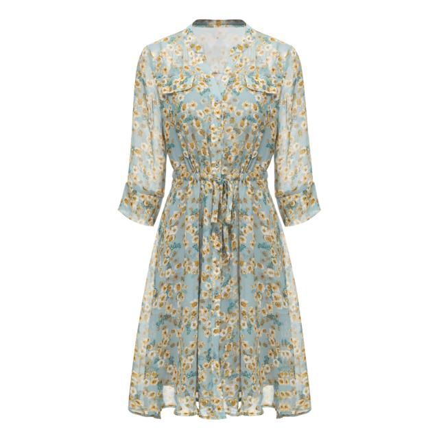 Hobemty 花柄ワンピース フレアドレス シフォン 五分袖 タイウエスト ボタンダウン レディース ライトブルー Lの通販は 4,679円