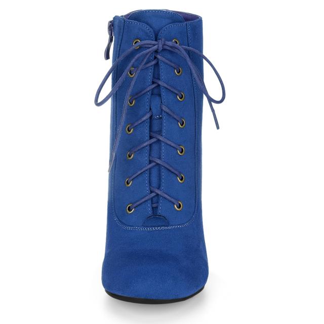 Allegra K レースアップブーツ レディース ラウンドトゥ チャンキーヒール キルティングバック ダークブルー 25.5 cmの通販は 5,596円