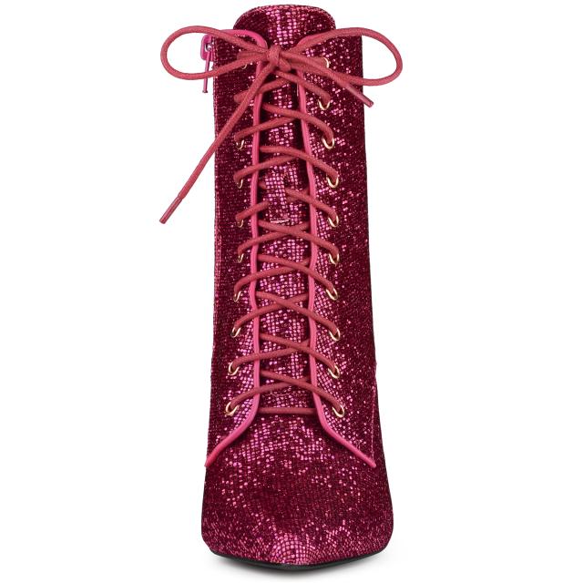 Allegra K レースアップ アンクルブーツ ポインテッドトゥ ブロックヒール レディース ホットピンク 27.5 cmの通販は