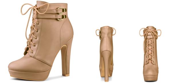 Allegra K レースアップ アンクルブーツ プラットフォーム ブロックヒール レディース ヌード 26.5 cmの通販は