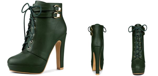 Allegra K レースアップ アンクルブーツ プラットフォーム ブロックヒール レディース ダークグリーン 23.5 cmの通販は