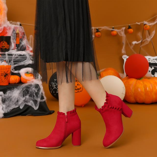 Allegra K アンクルブーツ ブーティ ブロックヒール 太めヒール レディース レッド 24.0 cmの通販は 5,013円