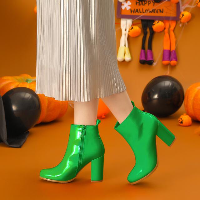 Allegra K アンクルブーツ ラウンドトゥ ジッパー チャンキーハイヒール レディース グリーン 4,966円