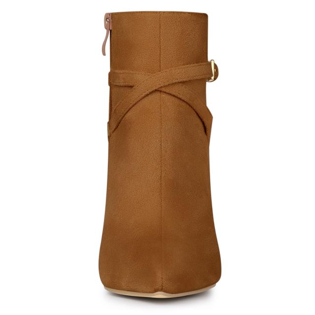 Allegra K アンクルブーツ ポイテッドトゥ バックル クロスストラップ レディース ブラウン 24.0 cmの通販は 5,242円