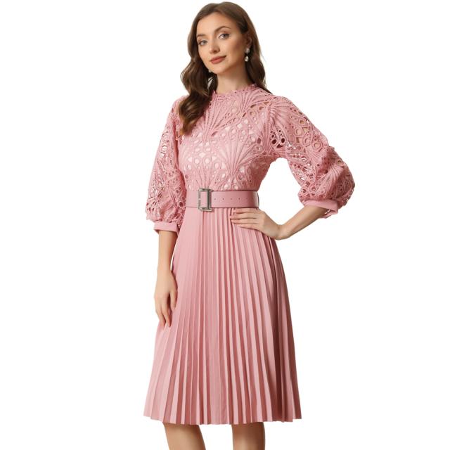 Allegra K 花柄レースドレス プリーツワンピース 七分袖 ベルト付き パネル Aライン レディース ピンク XS 5,420円