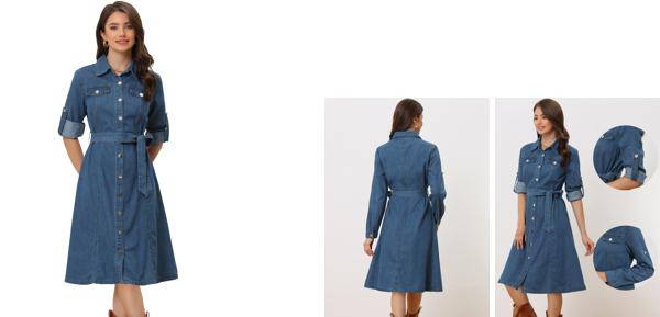 Allegra K シャツドレス デニム ジーンズワンピース ボタンダウン 長袖 ベルト付き クラシック レディース ブルー XLの通販は