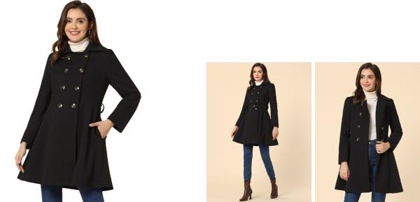 Allegra K コート ダブルブレストジャケット ターンダウンカラー スイング ウィンター ベルト レディース ブラック Mの通販は