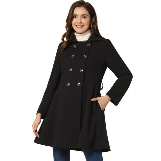 Allegra K コート ダブルブレストジャケット ターンダウンカラー スイング ウィンター ベルト レディース ブラック XSの通販は 7,169円