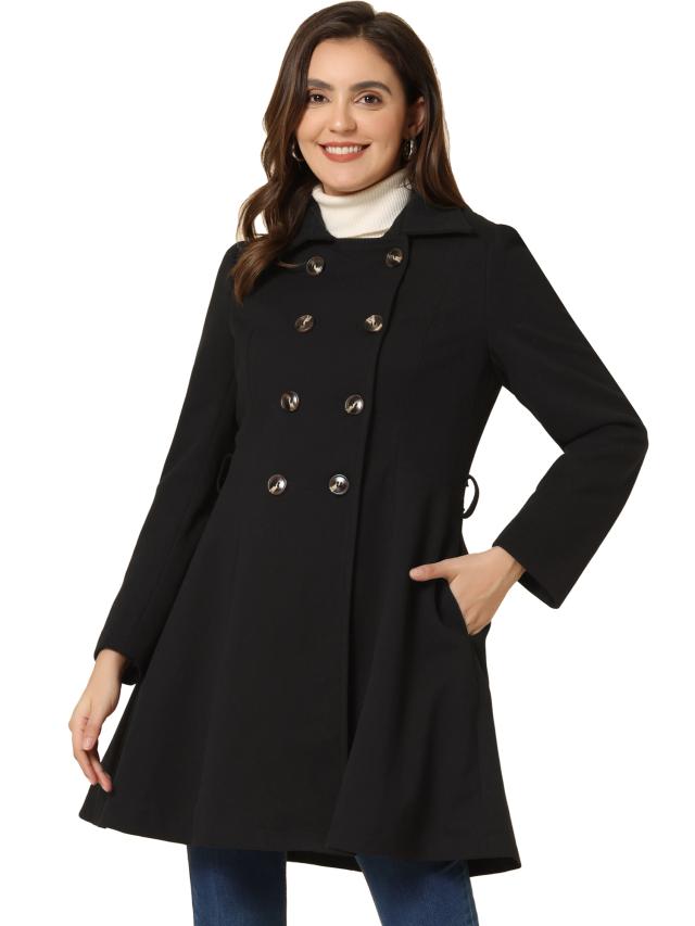Allegra K コート ダブルブレストジャケット ターンダウンカラー スイング ウィンター ベルト レディース ブラック Mの通販は