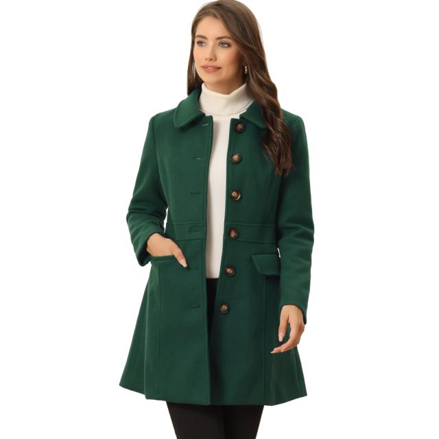 Allegra K ロングコート フェイクファーカラー シングルブレスト アウター レディース ダークグリーン L