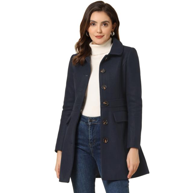 Allegra K ロングコート フェイクファーカラー シングルブレスト 