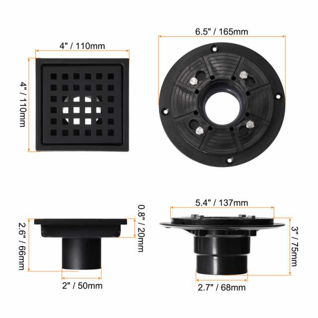 uxcell 角型シャワー排水管 304ステンレス鋼床ドレン フランジ付き バスルーム キッチン ガレージ シャワー プール シンク用 クアドラトパターン格子 取り外し可能 100 mm マッ トブラックの通販は