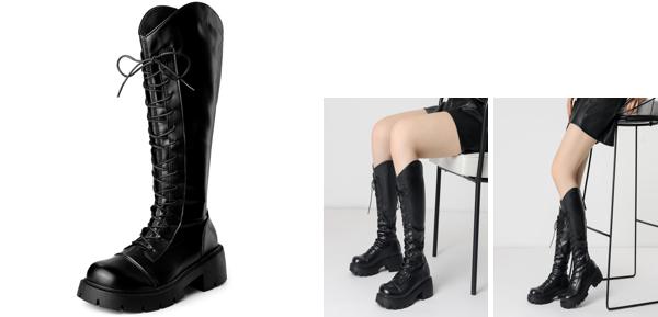 Perphy ブーティ プラットフォーム レースアップ チャンキーヒール ニーハイコンバット ブーツ レディース ブラック 23.5cmの通販は 5,975円