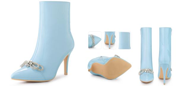 Perphy パテントレザーブーツボウラインストーンとがったつま先スティレットヒールアンクルブーツ女性用 ブルー 23.5cmの通販は 5,154円