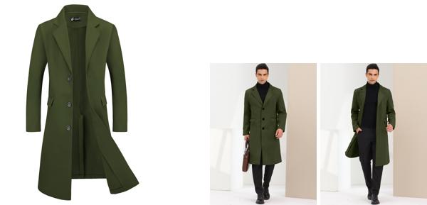 Lars Amadeus ロングトレンチコート ウィンター ピーコート シングルブレストジャケット ノッチラペル メンズ オリーブグリーン 2XLの通販は