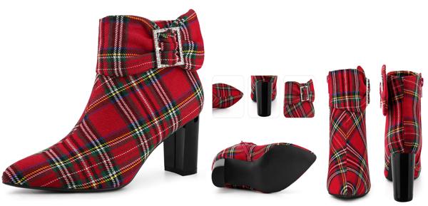 Perphy 女性のためのチェック柄のとがったつま先のラインストーンの弓ジッパーチャンキーヒールアンクルブーツ レッド 23.5cmの通販は 5,287円