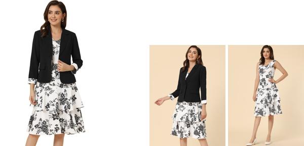 Allegra K ジャケット ドレス ワンピース ワーク ボウプリント 2枚セット シフォン Vネック コントラストパネル レディース ブラック Lの通販は