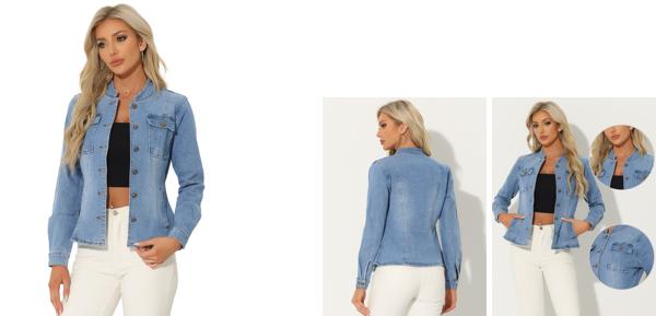 Allegra K デニムジャケット クラシック スタンドカラー ロングスリーブ 胸ポケット付き ジーンズ レディース ライトブルー XLの通販は 4,949円
