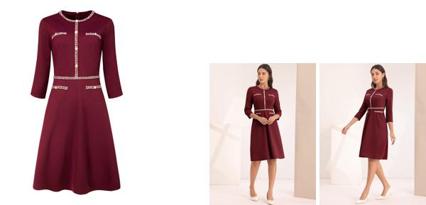 Hobemty ワンピース トリム ドレス コントラストカラー Aライン オフィス ツイード 通勤 ビジネス デート レディース ダークレッド Sの通販は 5,108円