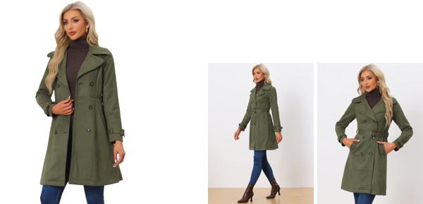 Allegra K トレンチコート オーバーコート ベルト フェイクスエード ノッチドラペル ダブルブレスト レディース アーミーグリーン Mの通販は 7,943円