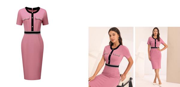 Hobemty レディース シースドレス 半袖 コントラストカラー エレガント ペンシルドレス カラートリム ワンピース ピンク Mの通販は 5,433円