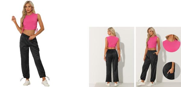 Allegra K ノースリーブ タンクトップ サテン カーゴ パンツ トラックスーツ用 カジュアル 2点衣装 レディース ブラックピンク XLの通販は 4,696円