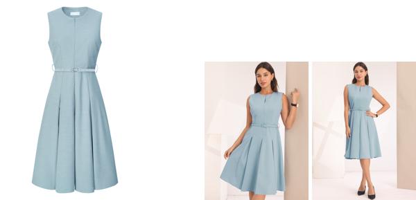Hobemty ワンピース ワークドレス ミディ 膝丈 ノースリーブ ジップアップ ベルト付き フィットフレア レディース グレーブルー Lの通販は