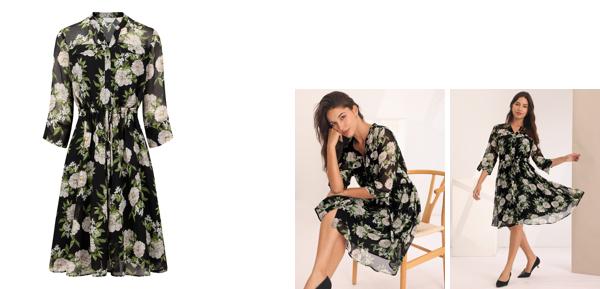 Hobemty 花柄ワンピース フレアドレス シフォン 五分袖 タイウエスト ボタンダウン レディース ブラック Sの通販は 5,130円