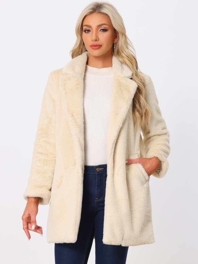 Allegra K オーバーコート ポケット付き ジャケット ラペルカラー フェイクファー 冬 暖かい レディース アプリコット XSの通販は