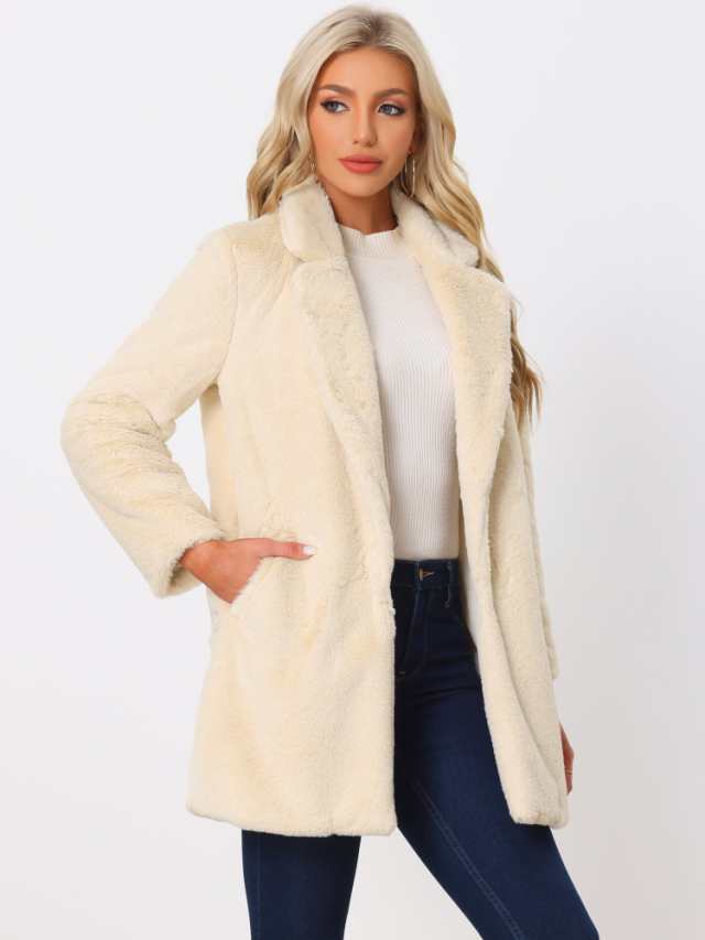Allegra K オーバーコート ポケット付き ジャケット ラペルカラー フェイクファー 冬 暖かい レディース アプリコット XSの通販は