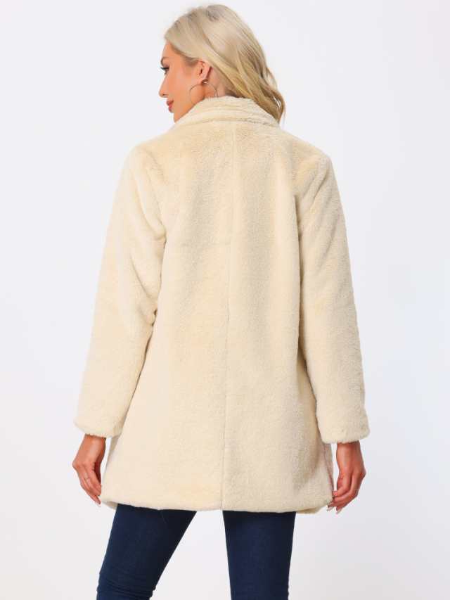 Allegra K オーバーコート ポケット付き ジャケット ラペルカラー フェイクファー 冬 暖かい レディース アプリコット XSの通販は