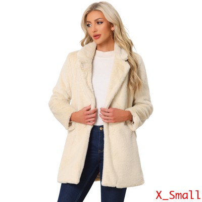 Allegra K オーバーコート ポケット付き ジャケット ラペルカラー フェイクファー 冬 暖かい レディース アプリコット XSの通販は